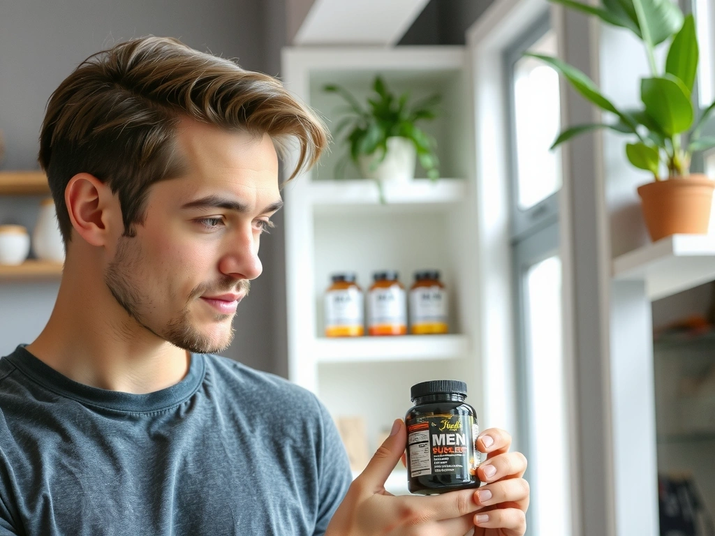 Man looking at supplement bottles