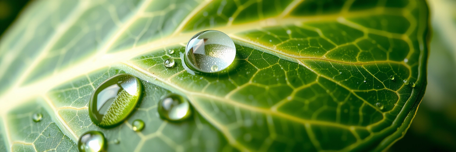 Close-up of a vibrant green leaf with glistening water droplets, symbolizing deep hydration and natural purity.
