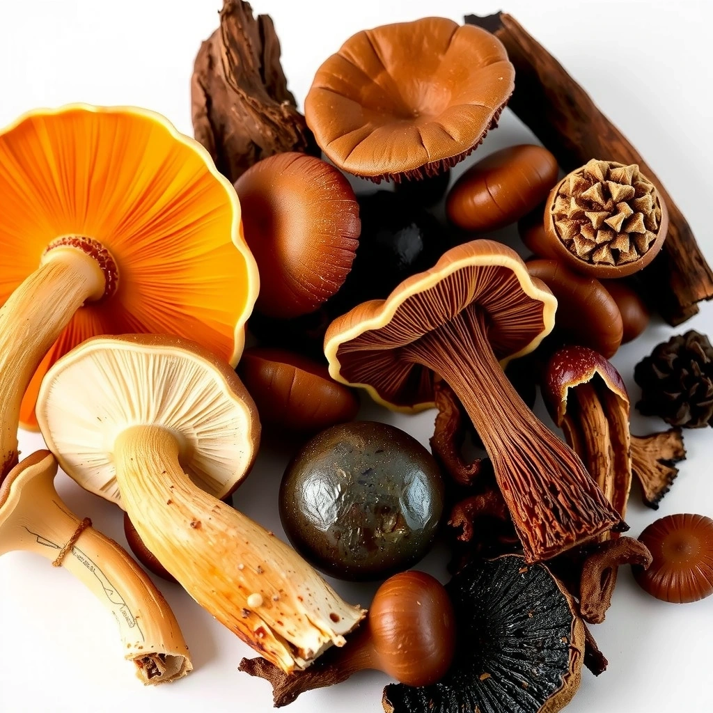 A blend of medicinal mushrooms like Reishi and Chaga, illustrating their adaptogenic and immune-modulating properties.