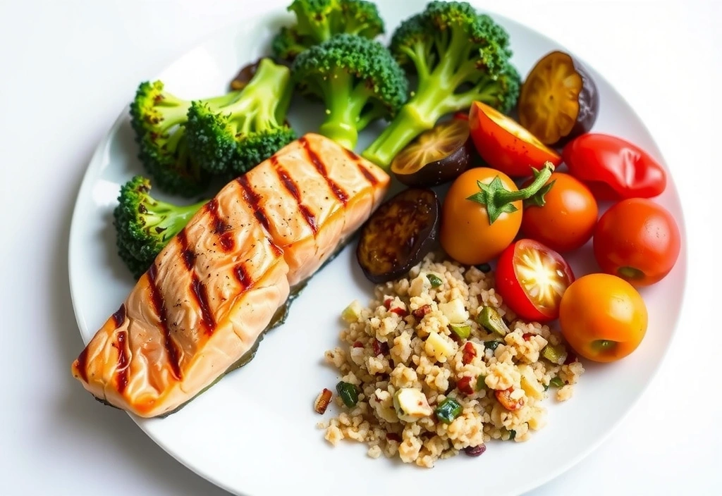 Balanced meal with fresh vegetables, lean protein, and whole grains.