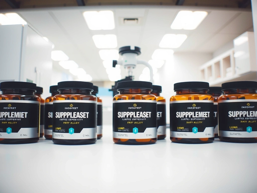 Scientifically-designed supplement bottles neatly arranged in a modern laboratory setting, highlighting quality and research.